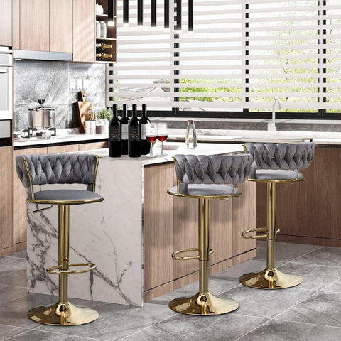 2x Height Adjustable Swivel Bar Stool Velvet Golden Base Barstools Chairs Padded Seat- Grey