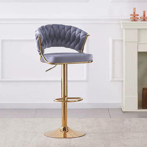 2x Height Grey Velvet Padded Golden Round Base Barstools Chairs