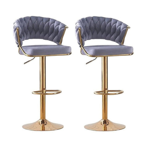 2x Height Grey Velvet Padded Golden Round Base Barstools Chairs