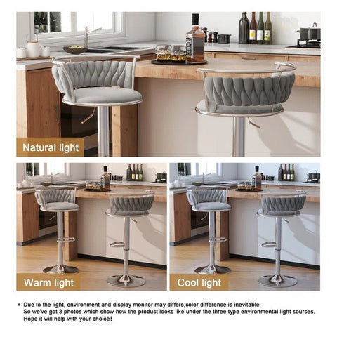 SERENITà Silver Swivel Upholstered Velvet Adjustable Height Counter Stool with Metal Frame Grey (Set of 2)