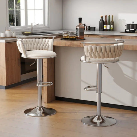 SERENITà Silver Swivel Upholstered Velvet Adjustable Height Counter Stool with Metal Frame White (Set of 2)