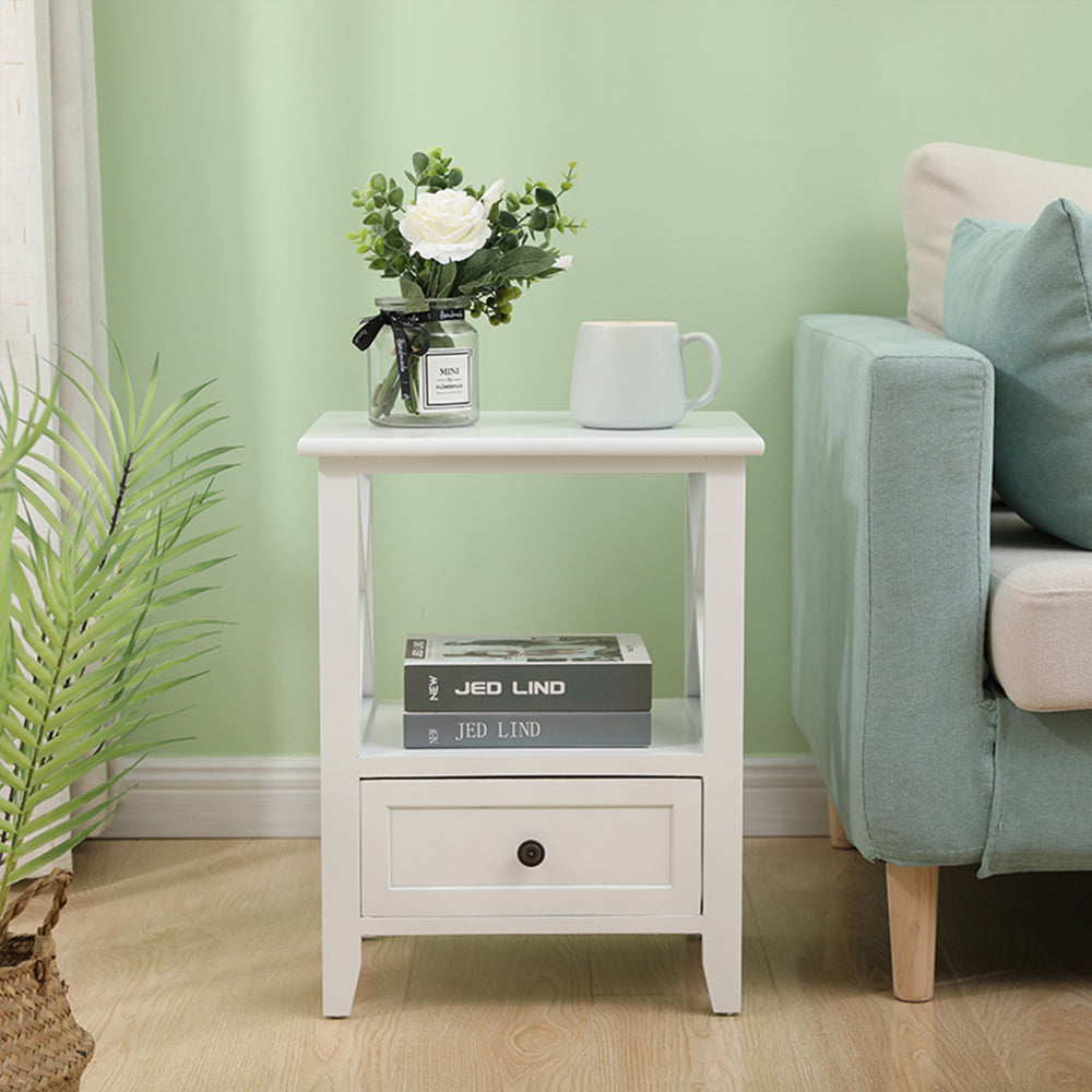 2-tier Bedside Table with Storage Drawer 2 PC Rustic White Chez Guru