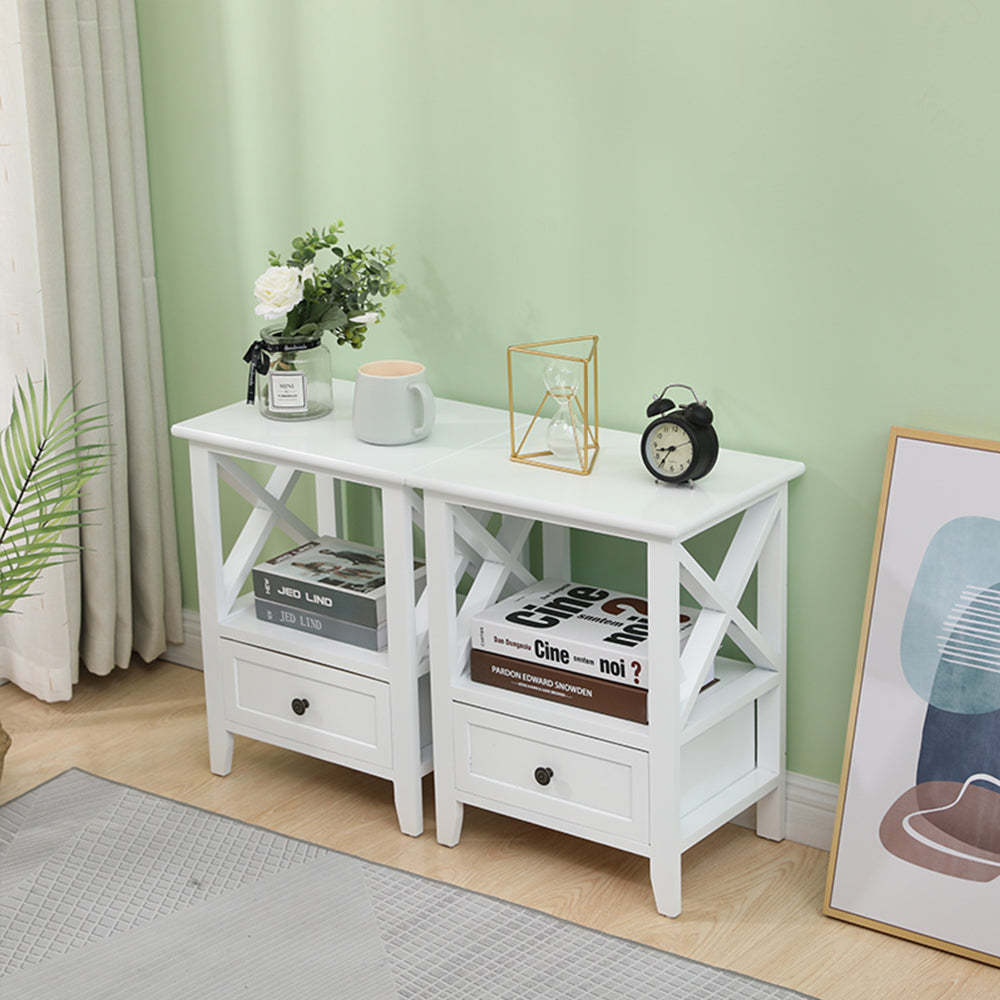 2-tier Bedside Table with Storage Drawer 2 PC Rustic White Chez Guru