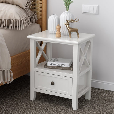 2-tier Bedside Table with Storage Drawer 2 PC Rustic White Chez Guru
