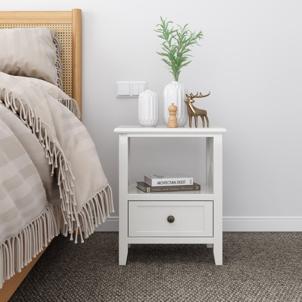 2-tier Bedside Table with Storage Drawer 2 PC Rustic White Chez Guru
