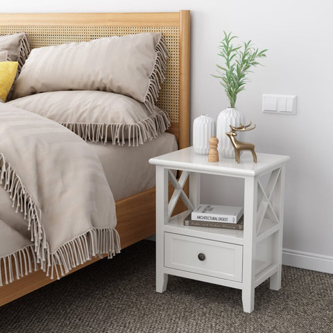 2-tier Bedside Table with Storage Drawer 2 PC Rustic White Chez Guru