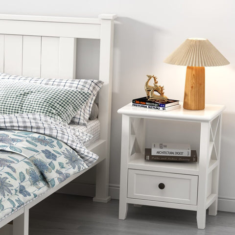 2-tier Bedside Table with Storage Drawer 2 PC Rustic White Chez Guru