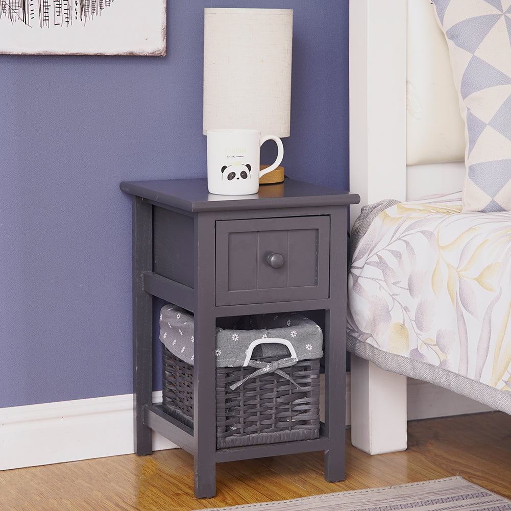 Grey Bedside Table with Wicker Basket Chez Guru