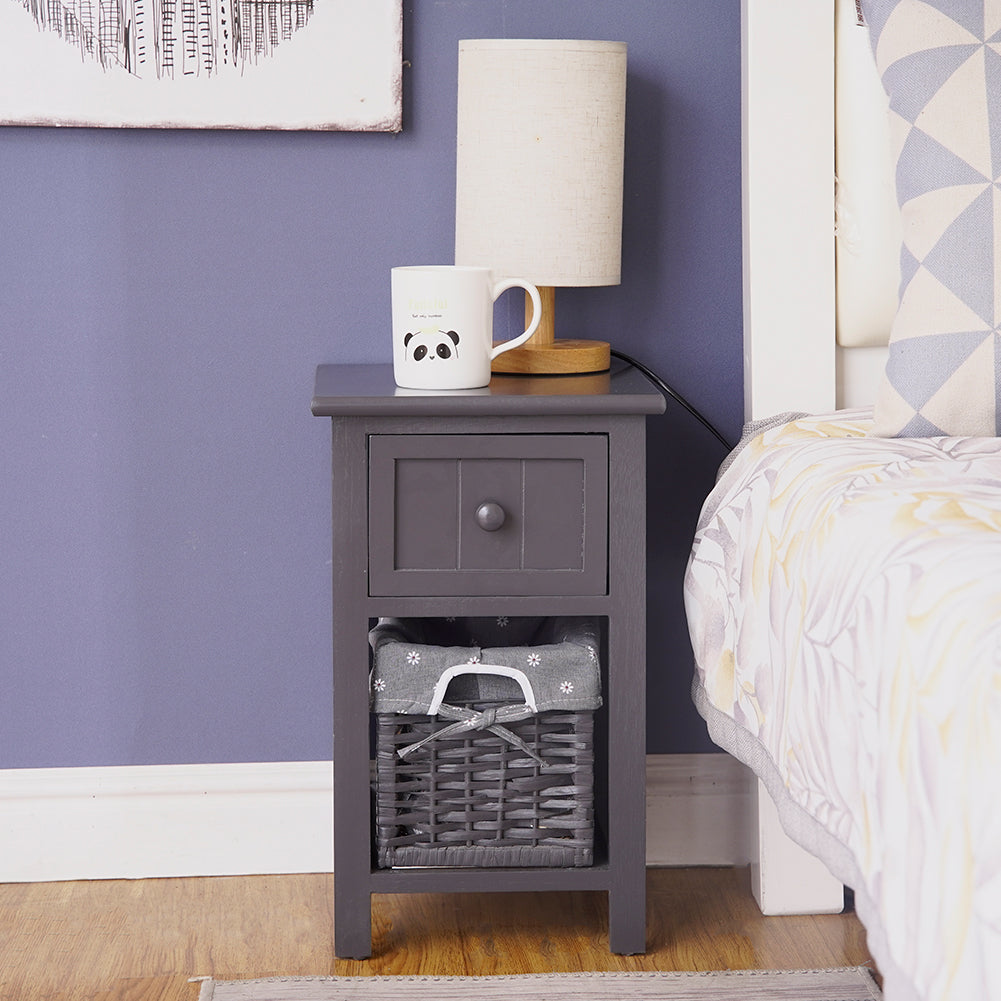 Grey Bedside Table with Wicker Basket Chez Guru