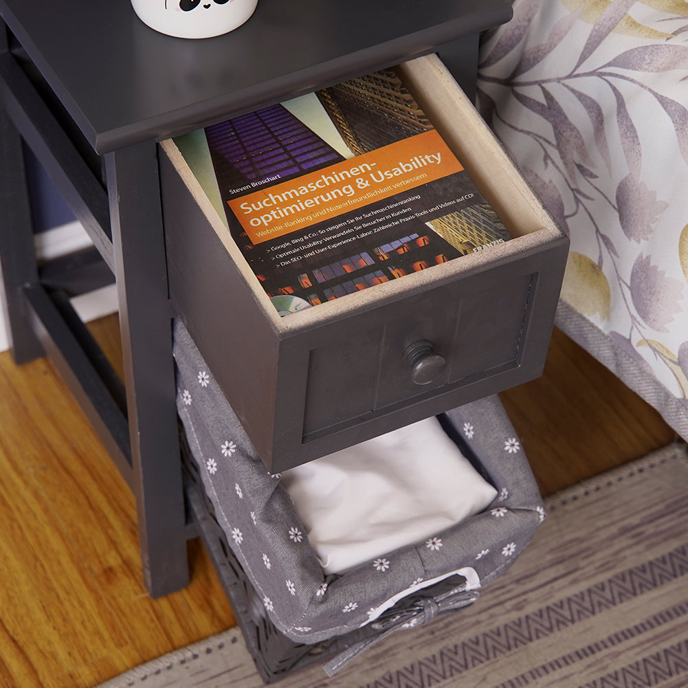 Grey Bedside Table with Wicker Basket Chez Guru