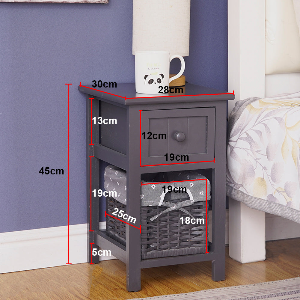 Grey Bedside Table with Wicker Basket Chez Guru