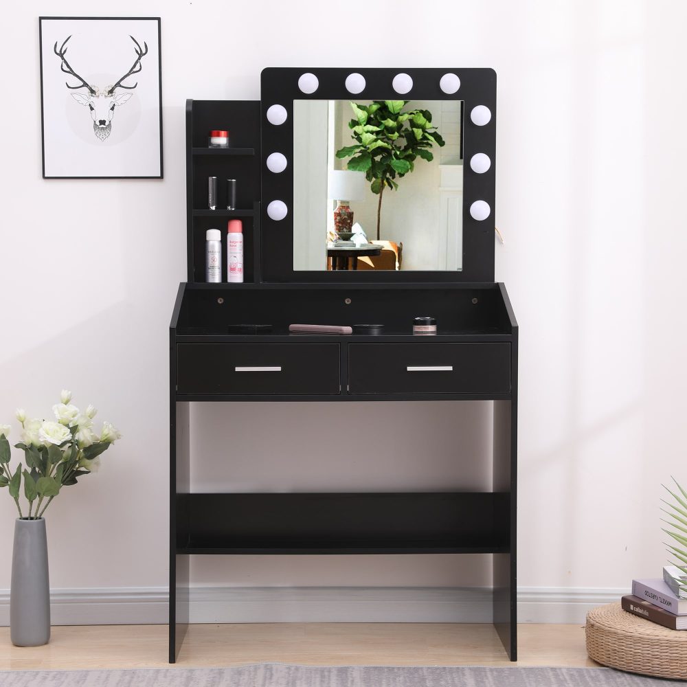Diana Vanity Set with Shelves Cushioned Stool and Lighted Mirror- Black Chez Guru