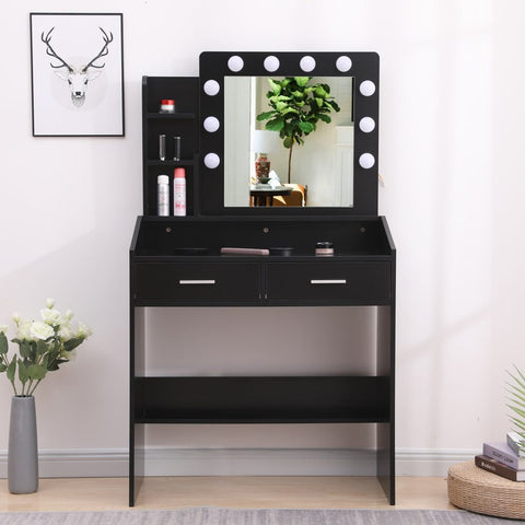 Diana Vanity Set with Shelves Cushioned Stool and Lighted Mirror- Black Chez Guru