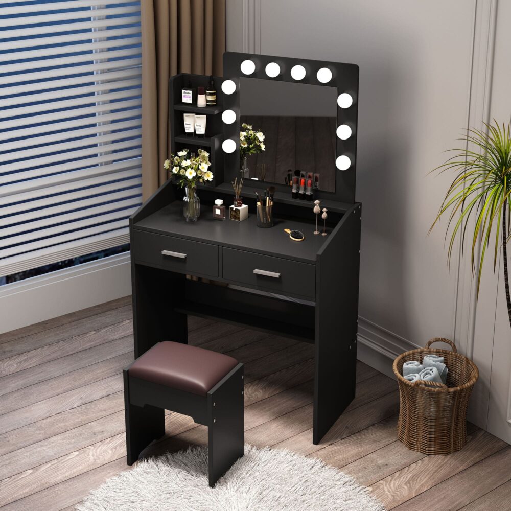 Diana Vanity Set with Shelves Cushioned Stool and Lighted Mirror- Black Chez Guru