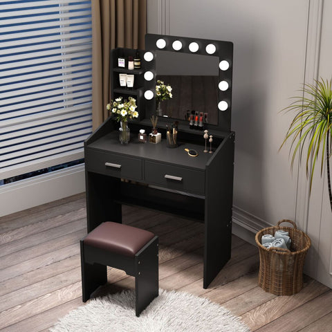 Diana Vanity Set with Shelves Cushioned Stool and Lighted Mirror- Black Chez Guru