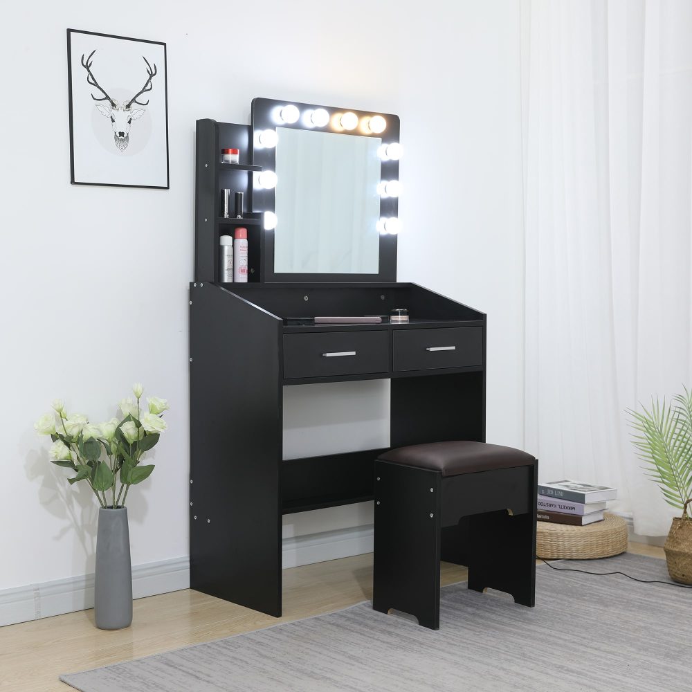 Diana Vanity Set with Shelves Cushioned Stool and Lighted Mirror- Black Chez Guru