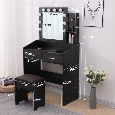 Diana Vanity Set with Shelves Cushioned Stool and Lighted Mirror- Black Chez Guru