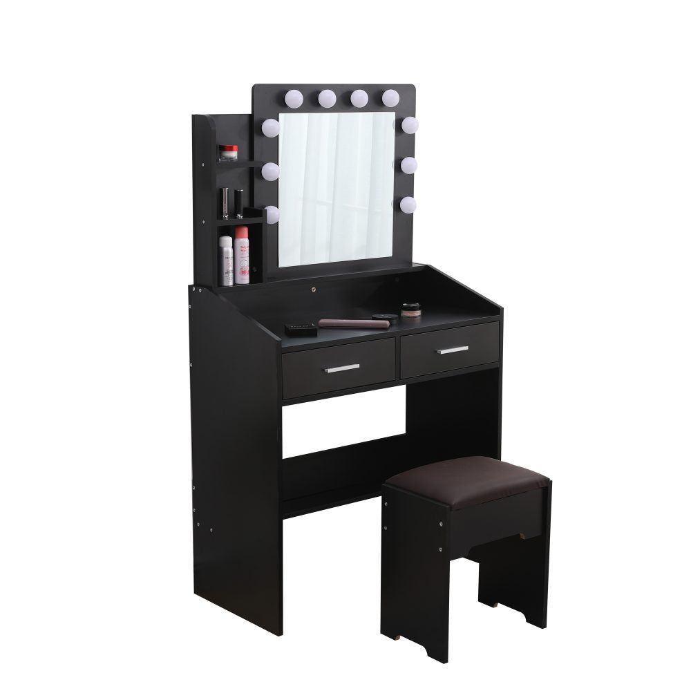 Diana Vanity Set with Shelves Cushioned Stool and Lighted Mirror- Black Chez Guru