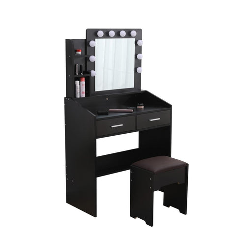 Diana Vanity Set with Shelves Cushioned Stool and Lighted Mirror- Black Chez Guru