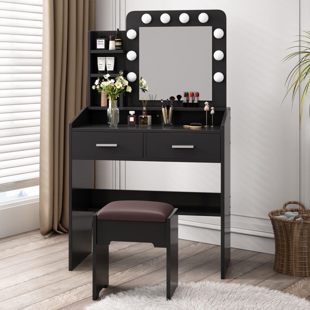 Diana Vanity Set with Shelves Cushioned Stool and Lighted Mirror- Black Chez Guru