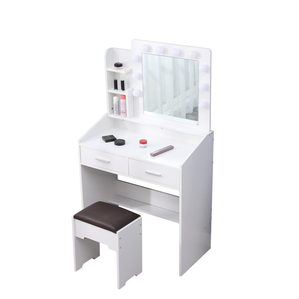 Diana Vanity Set with Shelves Cushioned Stool and Lighted Mirror- White Chez Guru