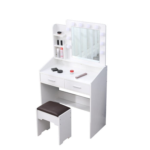 Diana Vanity Set with Shelves Cushioned Stool and Lighted Mirror- White Chez Guru