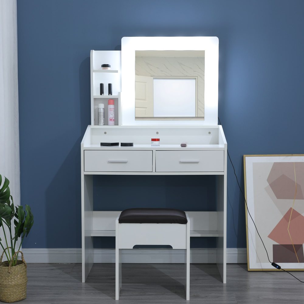 Diana Vanity Set with Shelves Cushioned Stool and Lighted Mirror- White Chez Guru