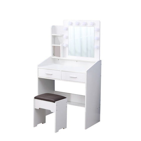 Diana Vanity Set with Shelves Cushioned Stool and Lighted Mirror- White Chez Guru