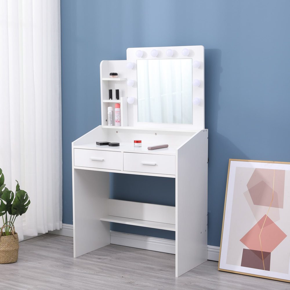 Diana Vanity Set with Shelves Cushioned Stool and Lighted Mirror- White Chez Guru