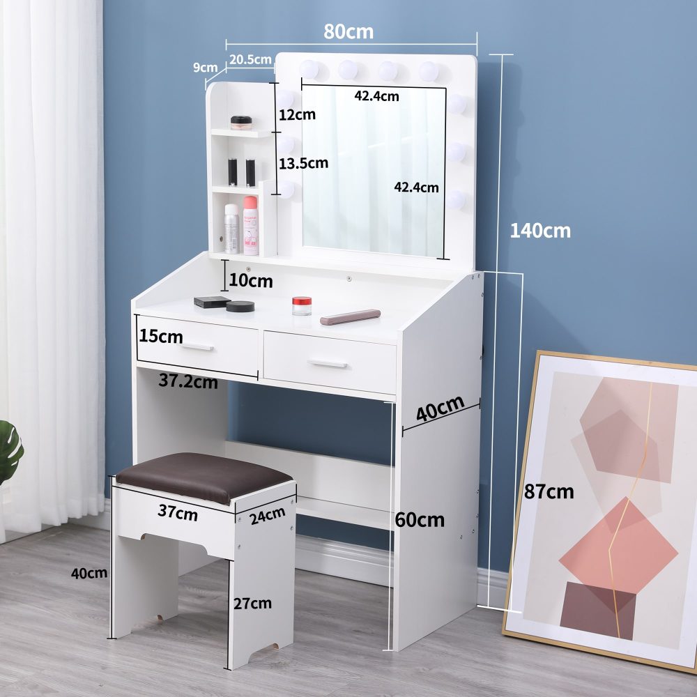Diana Vanity Set with Shelves Cushioned Stool and Lighted Mirror- White Chez Guru