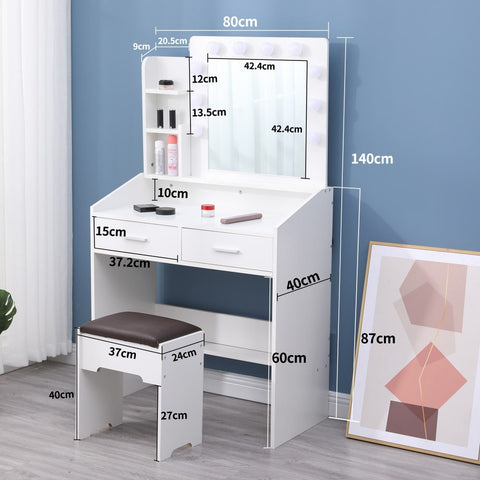 Diana Vanity Set with Shelves Cushioned Stool and Lighted Mirror- White Chez Guru