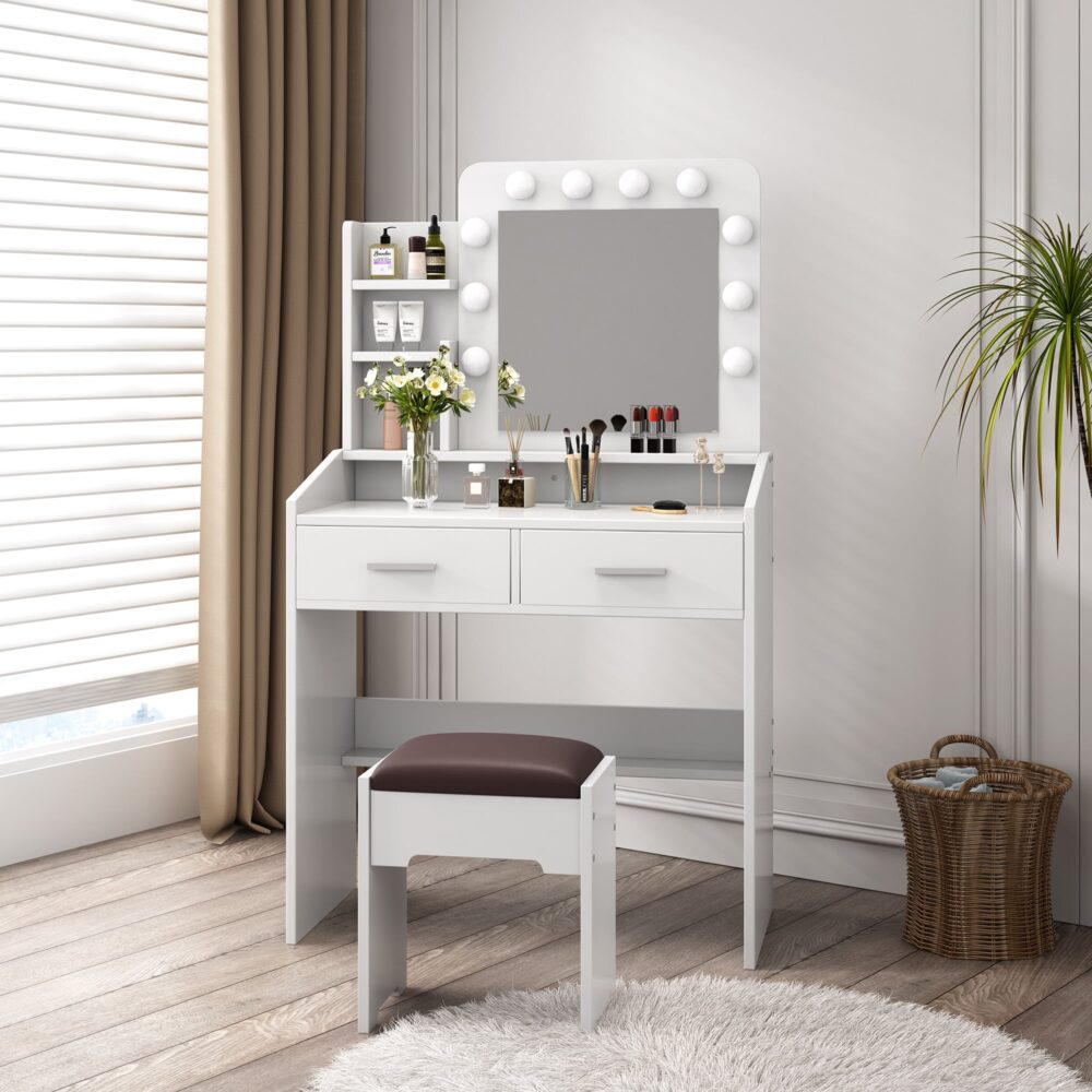 Diana Vanity Set with Shelves Cushioned Stool and Lighted Mirror- White Chez Guru