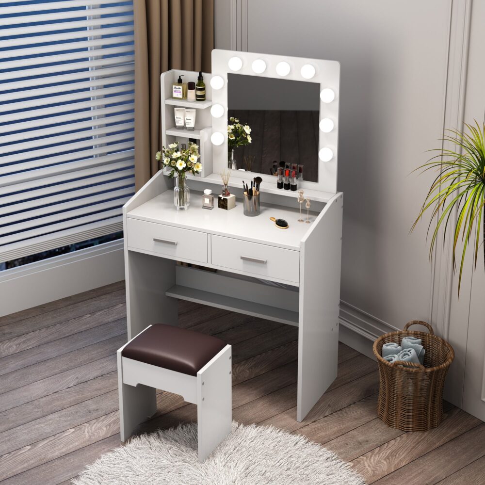Diana Vanity Set with Shelves Cushioned Stool and Lighted Mirror- White Chez Guru