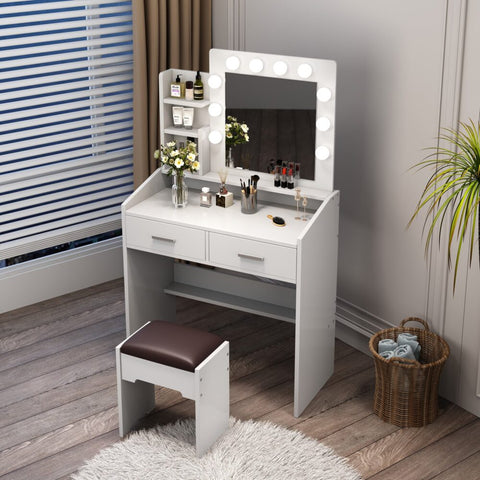 Diana Vanity Set with Shelves Cushioned Stool and Lighted Mirror- White Chez Guru