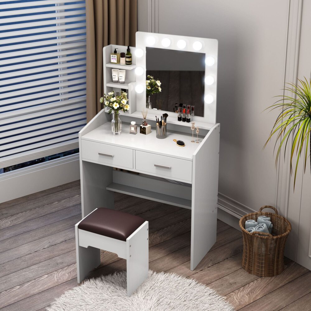 Diana Vanity Set with Shelves Cushioned Stool and Lighted Mirror- White Chez Guru