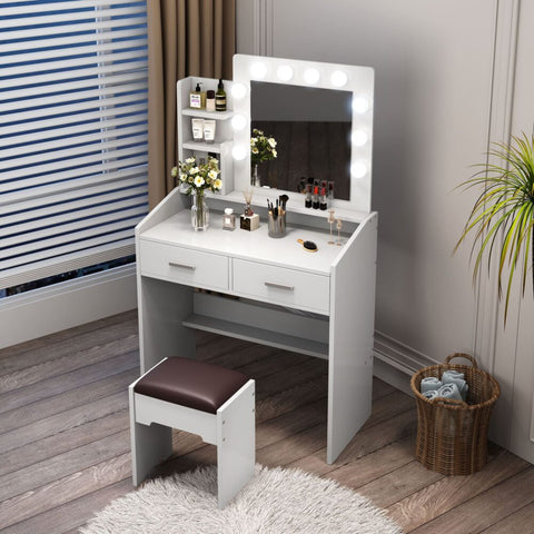 Diana Vanity Set with Shelves Cushioned Stool and Lighted Mirror- White Chez Guru