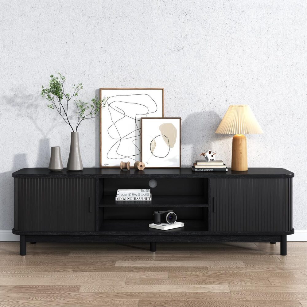 160cm Ribbed Black Entertainment Unit Chez Guru