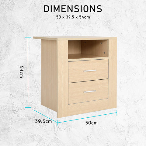 2X Bedside Table Side Storage Cabinet Nightstand Bedroom 2 Drawer 1 Shelf ZURI OAK Chez Guru