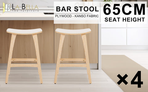 4X Wooden Bar Stool Padded Fabric Dining Chair KANSO 65cm BEIGE