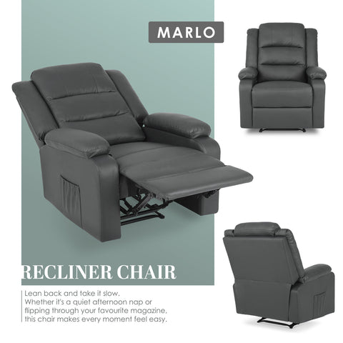 Home Recliner Chair - PU Leather Sofa Lounge Armchair MARLO GREY