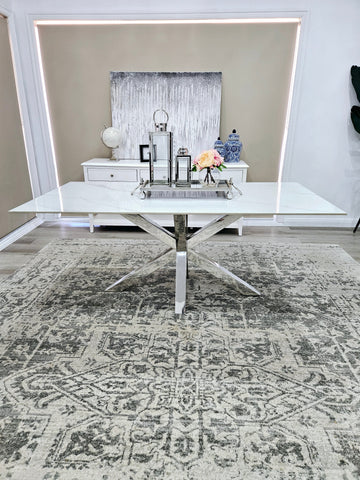 Miles Silver With White Marble Dining Table - 90cm x 180cm Chez Guru