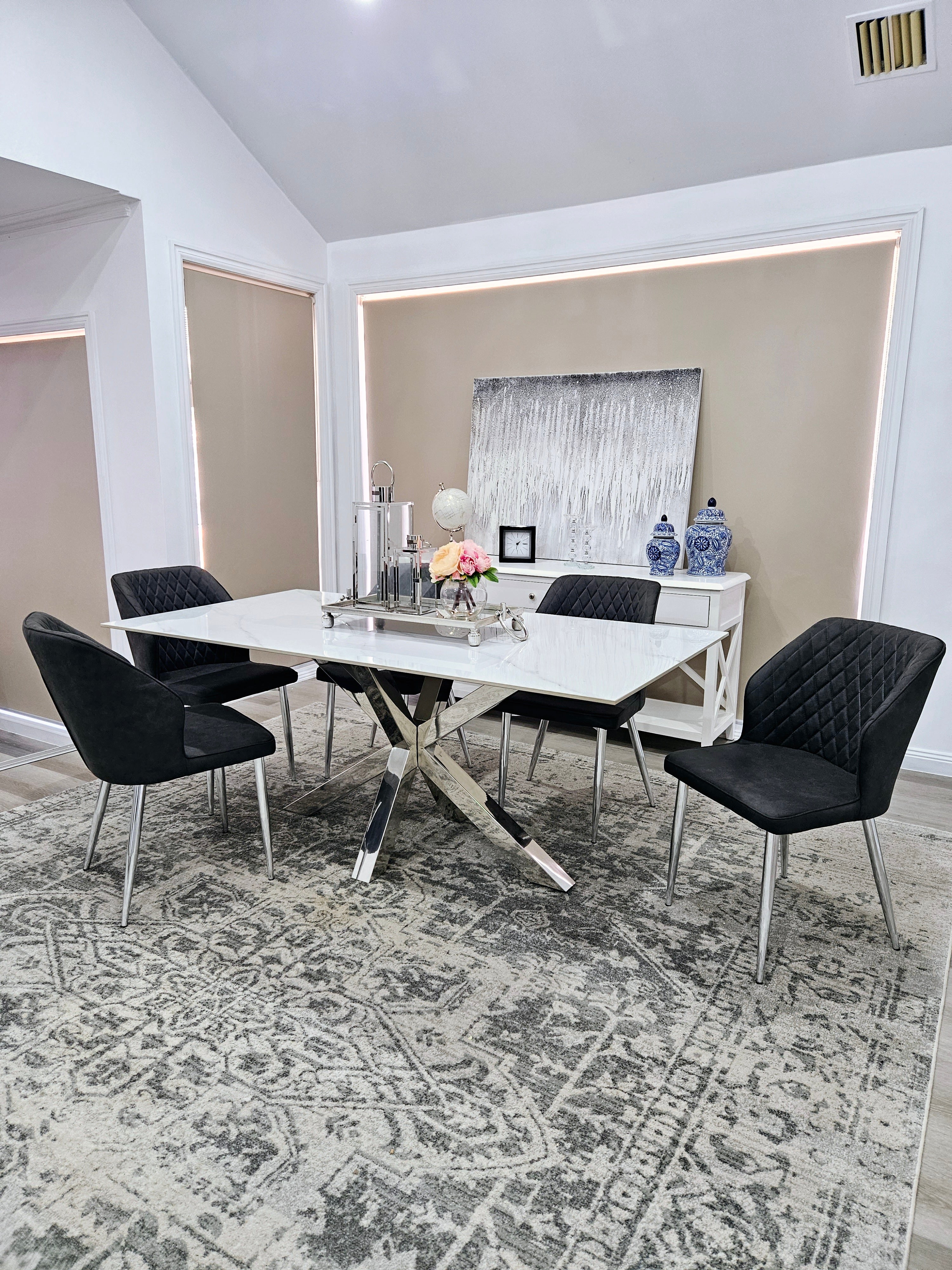 Miles Silver With White Marble Dining Table - 90cm x 180cm Chez Guru