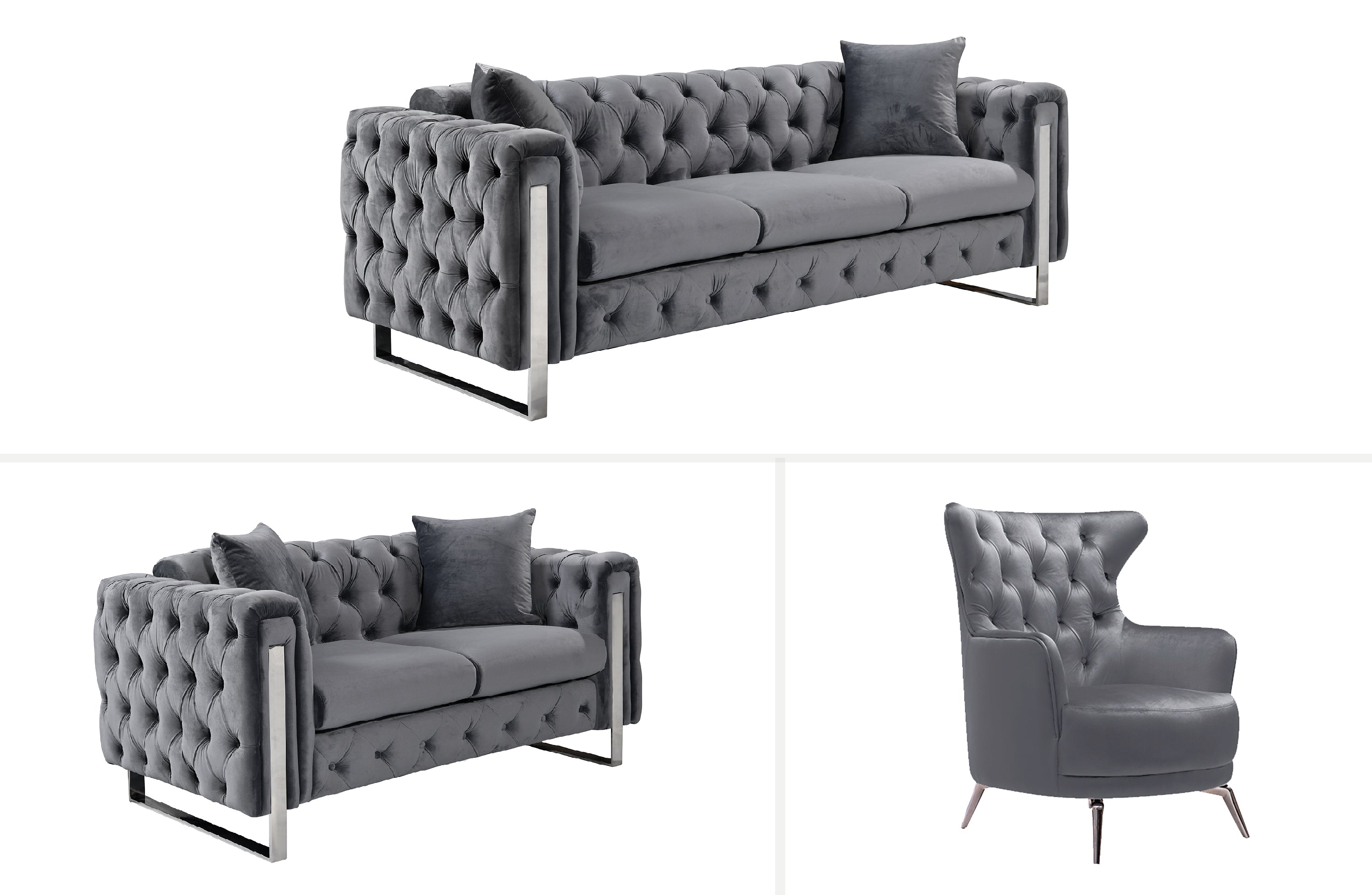 Madeline Range - Dark Grey Velvet 3+2+1 - Silver Trims Chez Guru