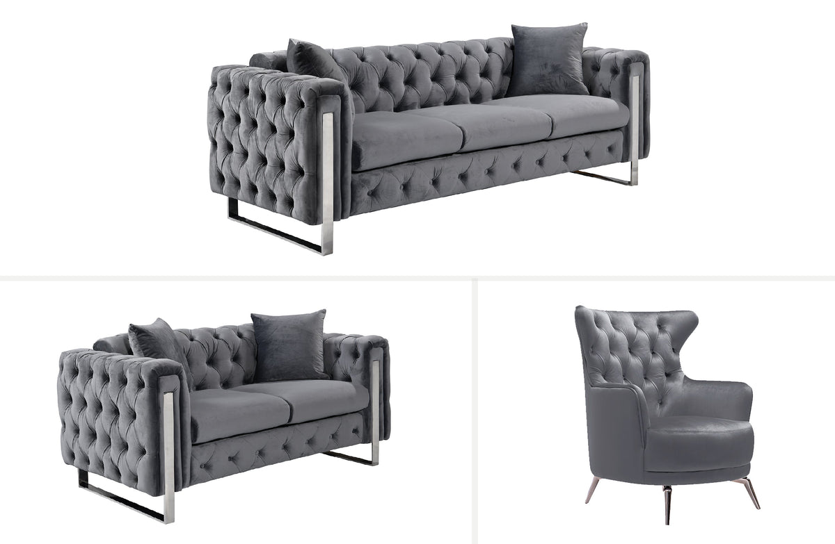 Madeline Range - Dark Grey Velvet 3+2+1 - Silver Trims Chez Guru