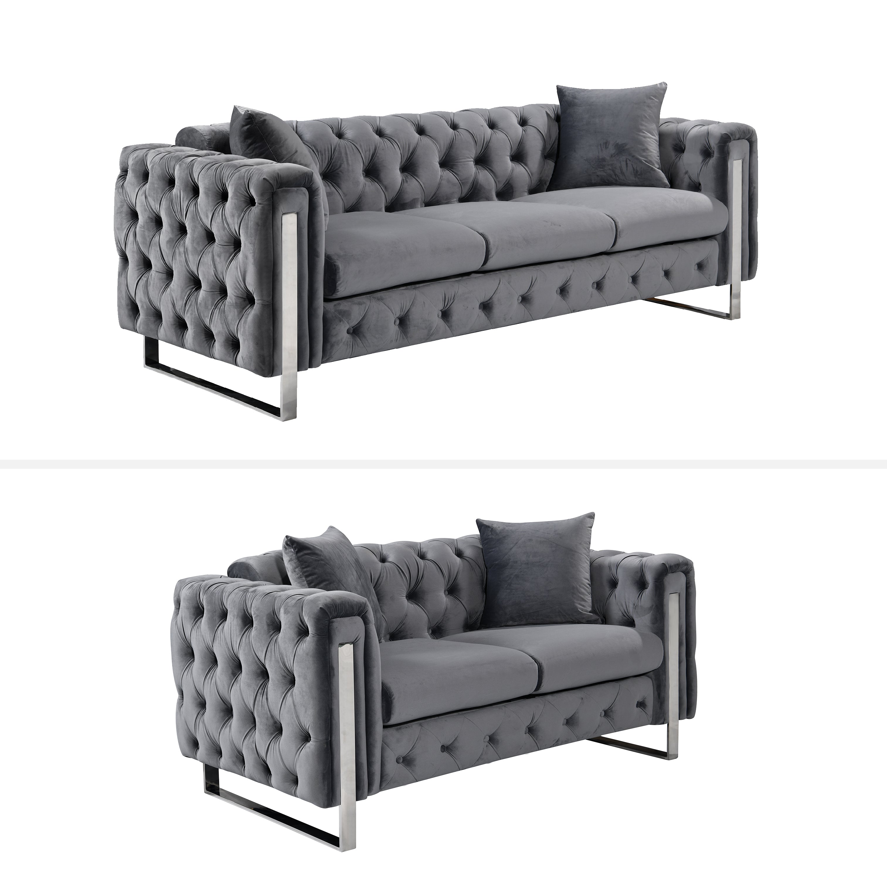 Madeline Range - Dark Grey Velvet 3+2+1 - Silver Trims Chez Guru