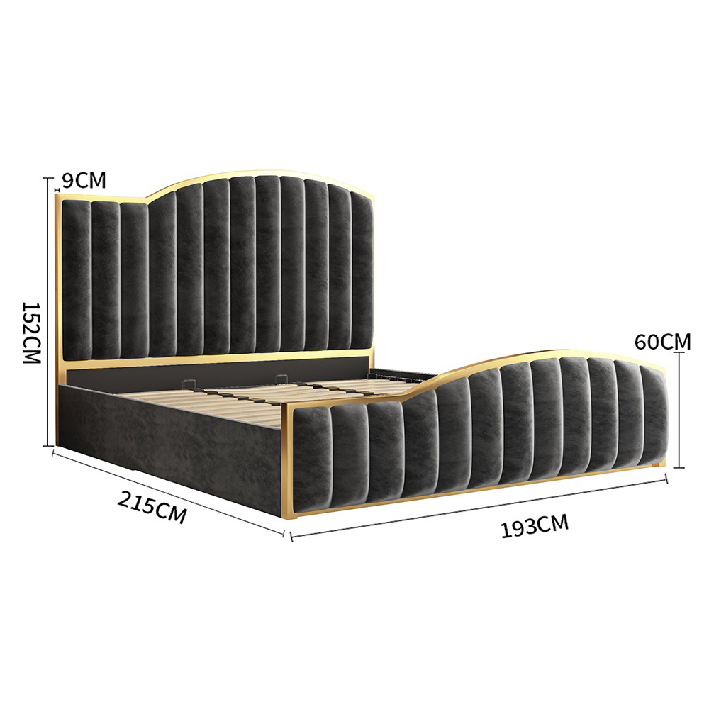 King Size Elegant Luxury Bedframe with Gas Lift Storage Charcoal Velvet Fabric Golden Trim Chez Guru