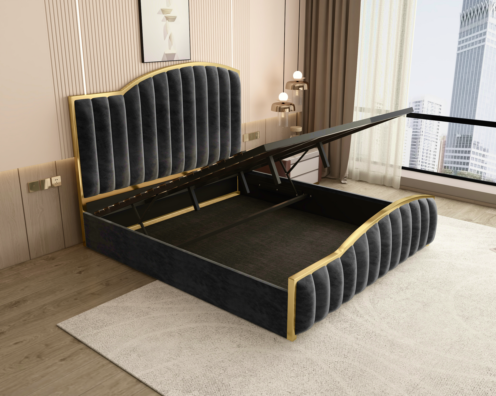 King Size Elegant Luxury Bedframe with Gas Lift Storage Charcoal Velvet Fabric Golden Trim Chez Guru