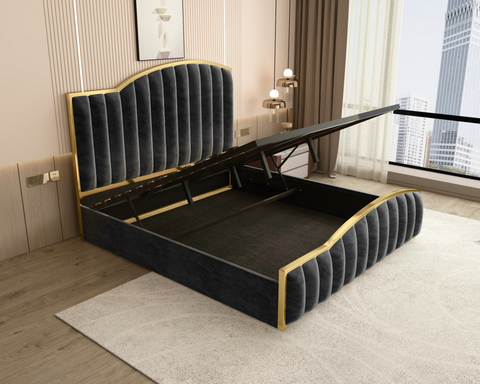 King Size Elegant Luxury Bedframe with Gas Lift Storage Charcoal Velvet Fabric Golden Trim Chez Guru