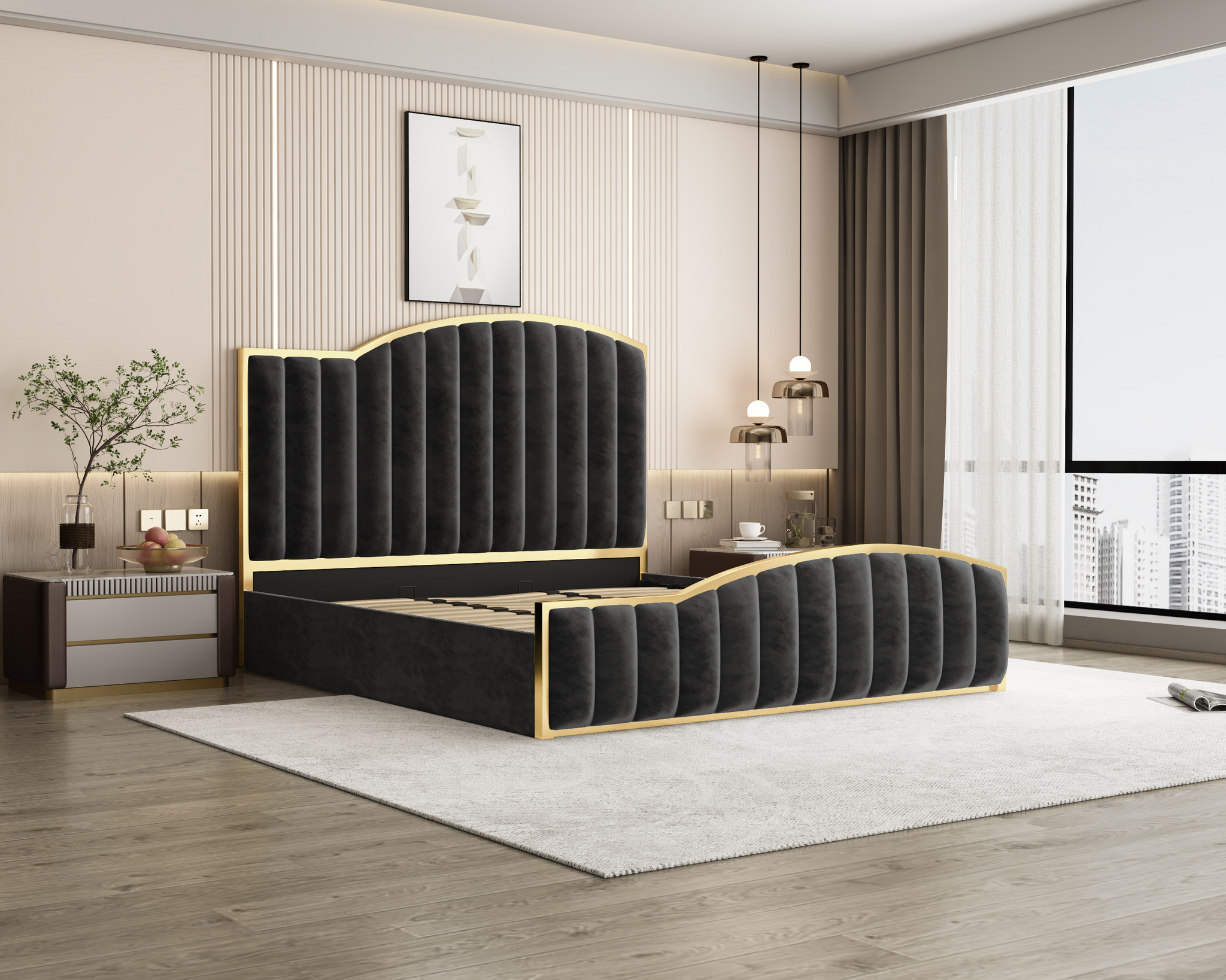 King Size Elegant Luxury Bedframe with Gas Lift Storage Charcoal Velvet Fabric Golden Trim Chez Guru