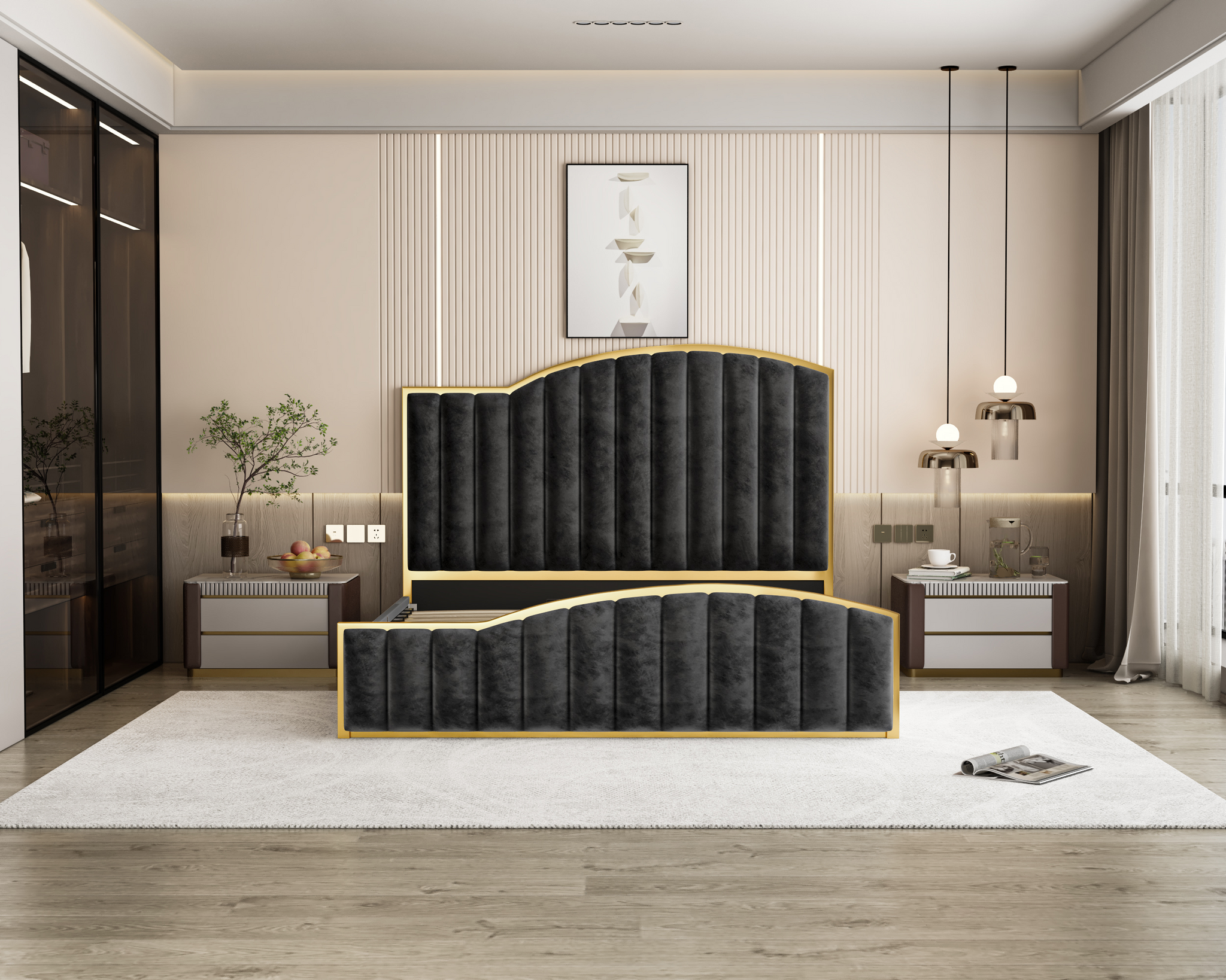 King Size Elegant Luxury Bedframe with Gas Lift Storage Charcoal Velvet Fabric Golden Trim Chez Guru